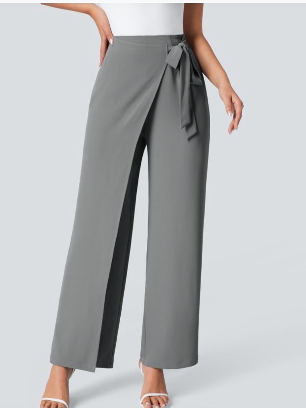 High-Rise Wide Leg Tie-Waist Pants - Gray
